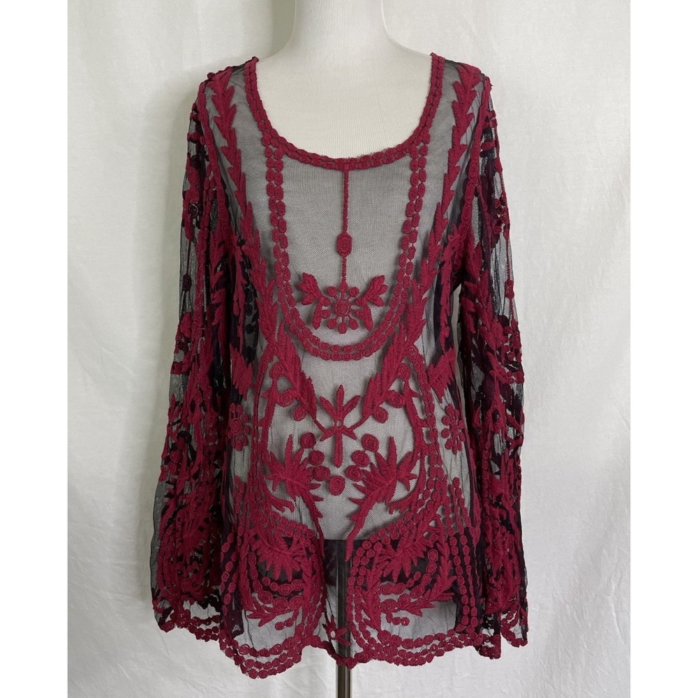 Cupio Lace Top Womens Extra Large Sheer  Raised Embroidery Whimsy Goth Fairy